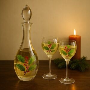 Holly Berry Glass Decanter Set Stopper 2 Goblets Holiday Bareware Hostess